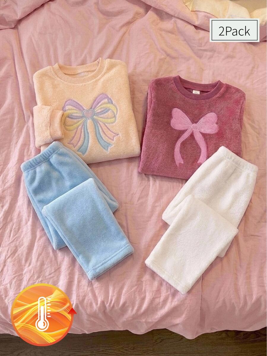 SHEIN 秋冬毛絨針織羅紋圓領蝴蝶結刺繡圖案設計甜美女孩軟萌可愛活潑氛圍長袖上衣與褲子雙面法蘭絨柔軟舒適2件套睡衣居家服 - 粉色 - 查看 1