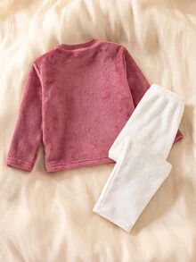SHEIN 秋冬毛絨針織羅紋圓領蝴蝶結刺繡圖案設計甜美女孩軟萌可愛活潑氛圍長袖上衣與褲子雙面法蘭絨柔軟舒適2件套睡衣居家服 - 粉色 - 查看 2