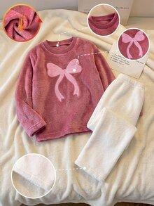 SHEIN 秋冬毛絨針織羅紋圓領蝴蝶結刺繡圖案設計甜美女孩軟萌可愛活潑氛圍長袖上衣與褲子雙面法蘭絨柔軟舒適2件套睡衣居家服 - 粉色 - 查看 11