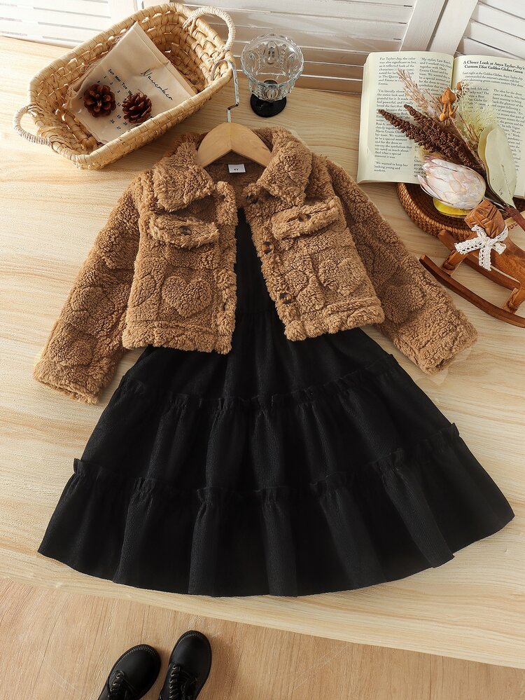 SHEIN 2pcs Toddler Girl Jacket Tiered Dress Sweet Brown Black Heart Teddy Fuzzy Ruffle Long Sleeve Lapel Thick Birthday Party Fall Christmas Holiday Elegant - Multicolor - View 1