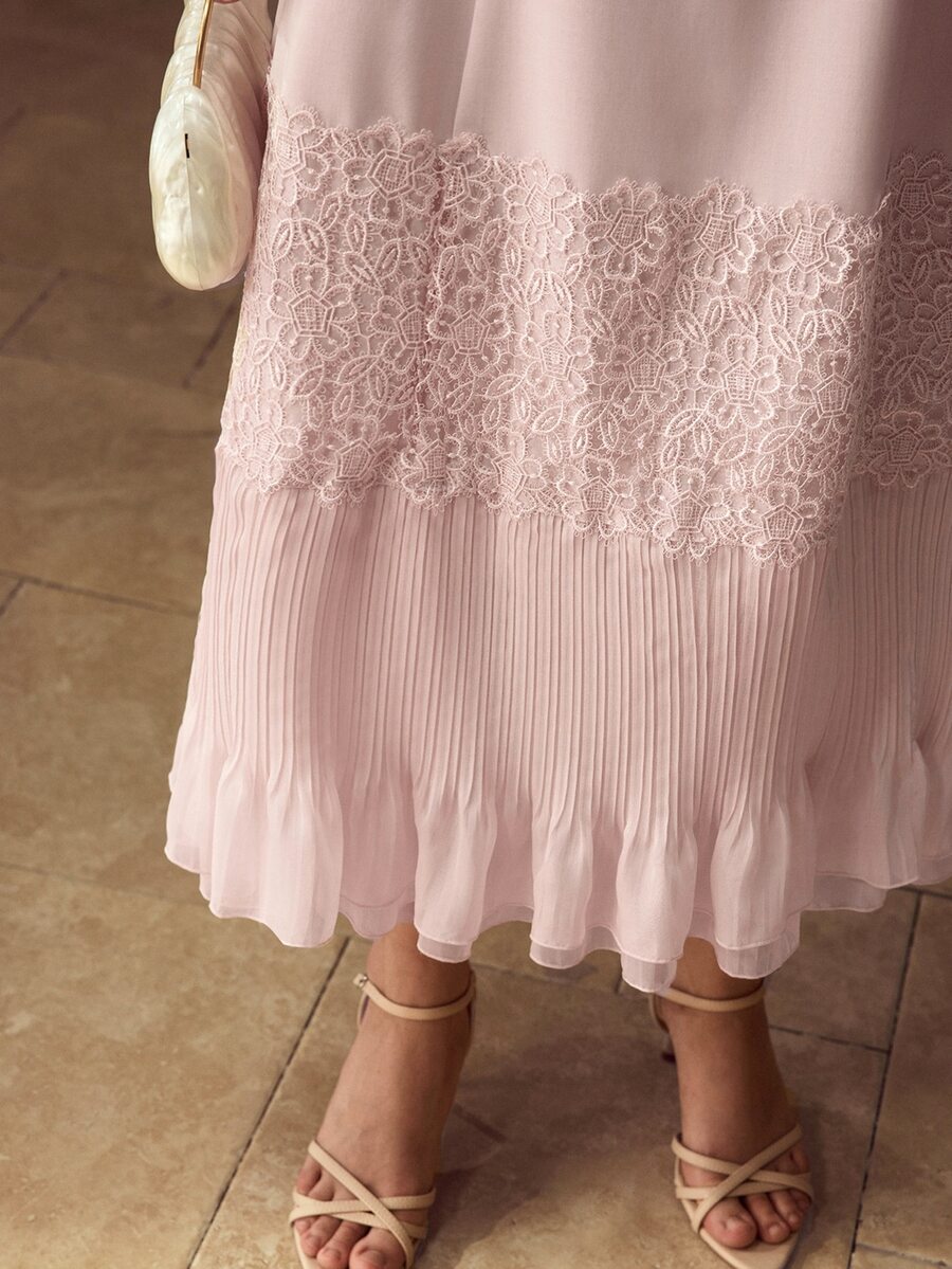 MOTF PREMIUM FASHIONABLE ELEGANT DESIGN LUXURY LACE PATCHWORK FLORAL PLEATED SLEEVELESS PLUS SIZE DRESS - Pink - View 1