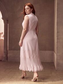 MOTF PREMIUM FASHIONABLE ELEGANT DESIGN LUXURY LACE PATCHWORK FLORAL PLEATED SLEEVELESS PLUS SIZE DRESS - Pink - View 5