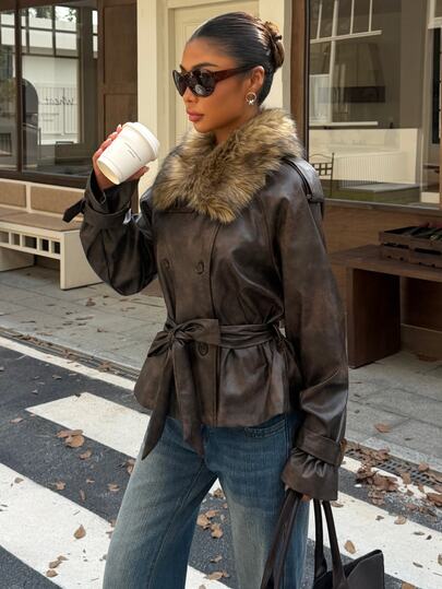 Muchica Women's Vintage Gunmetal Brown Faux Leather Jacket With Faux Fur Collar, Double Breasted Belted Peplum Moto Coat Chic Fall Winter Outerwear For Going