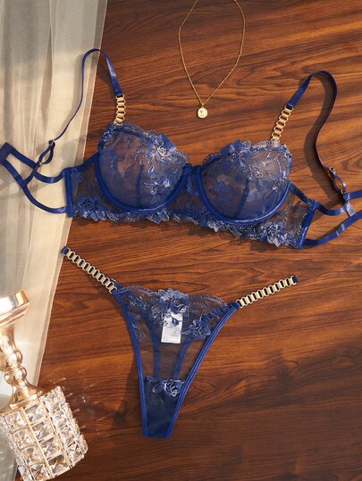 Divavoom Premium Royal Blue Mesh Embroidered Women's Sexy Lingerie 2-Piece Set, Exquisite Lace Embroidery Metal Chain Strap Push-Up Underwire Bra & Thong Set, 2pcs
