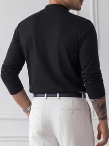 HUEFORM 男士 Basicl 黑色修身剪裁小立領 T 恤，抓絨內裡面料保暖，適合秋冬造型穿搭 - 黑色 - 查看 2