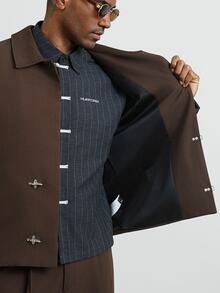 HUEFORM Men's Old Money Brown Lapel Metal Airplane Button Short Jacket & Wide Leg Trousers 2 Pieces Set, Men's Vintage Drape Casual Commute Outfit - Coffee Brown - View 5