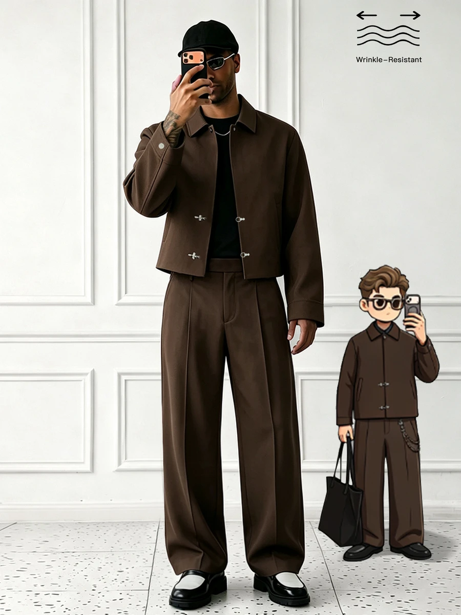 HUEFORM Men's Old Money Brown Lapel Metal Airplane Button Short Jacket & Wide Leg Trousers 2 Pieces Set, Men's Vintage Drape Casual Commute Outfit - Coffee Brown - View 1