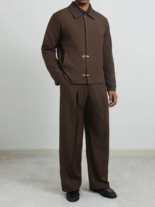 HUEFORM Men's Old Money Brown Lapel Metal Airplane Button Short Jacket & Wide Leg Trousers 2 Pieces Set, Men's Vintage Drape Casual Commute Outfit - Coffee Brown - View 3