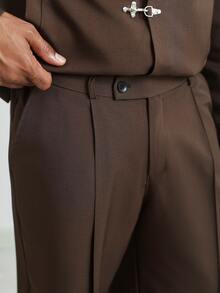 HUEFORM Men's Old Money Brown Lapel Metal Airplane Button Short Jacket & Wide Leg Trousers 2 Pieces Set, Men's Vintage Drape Casual Commute Outfit - Coffee Brown - View 4