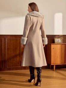 Vintamour Vintage Classic Elegant Women's Overcoat, Autumn/Winter Fitted Overcoat With Faux Fur Collar Patchwork, Double-Breasted Mid-Length Overcoat In Khaki - Khaki - View 2