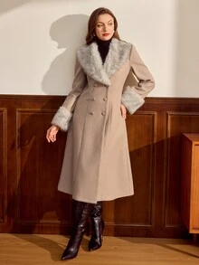 Vintamour Vintage Classic Elegant Women's Overcoat, Autumn/Winter Fitted Overcoat With Faux Fur Collar Patchwork, Double-Breasted Mid-Length Overcoat In Khaki - Khaki - View 6