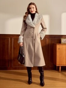 Vintamour Vintage Classic Elegant Women's Overcoat, Autumn/Winter Fitted Overcoat With Faux Fur Collar Patchwork, Double-Breasted Mid-Length Overcoat In Khaki - Khaki - View 4