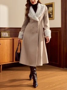 Vintamour Vintage Classic Elegant Women's Overcoat, Autumn/Winter Fitted Overcoat With Faux Fur Collar Patchwork, Double-Breasted Mid-Length Overcoat In Khaki - Khaki - View 7