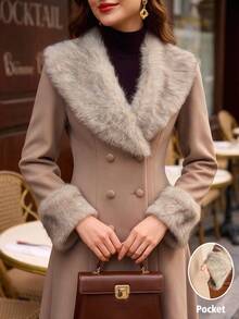 Vintamour Vintage Classic Elegant Women's Overcoat, Autumn/Winter Fitted Overcoat With Faux Fur Collar Patchwork, Double-Breasted Mid-Length Overcoat In Khaki - Khaki - View 3