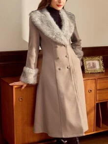 Vintamour Vintage Classic Elegant Women's Overcoat, Autumn/Winter Fitted Overcoat With Faux Fur Collar Patchwork, Double-Breasted Mid-Length Overcoat In Khaki - Khaki - View 8