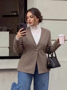 Firerie Plus Size Women Solid Color Casual Smart Versatile Daily Jacket Elegant Formal Suit Fall/Winter Office Working Work Gold - Multicolor - View 4