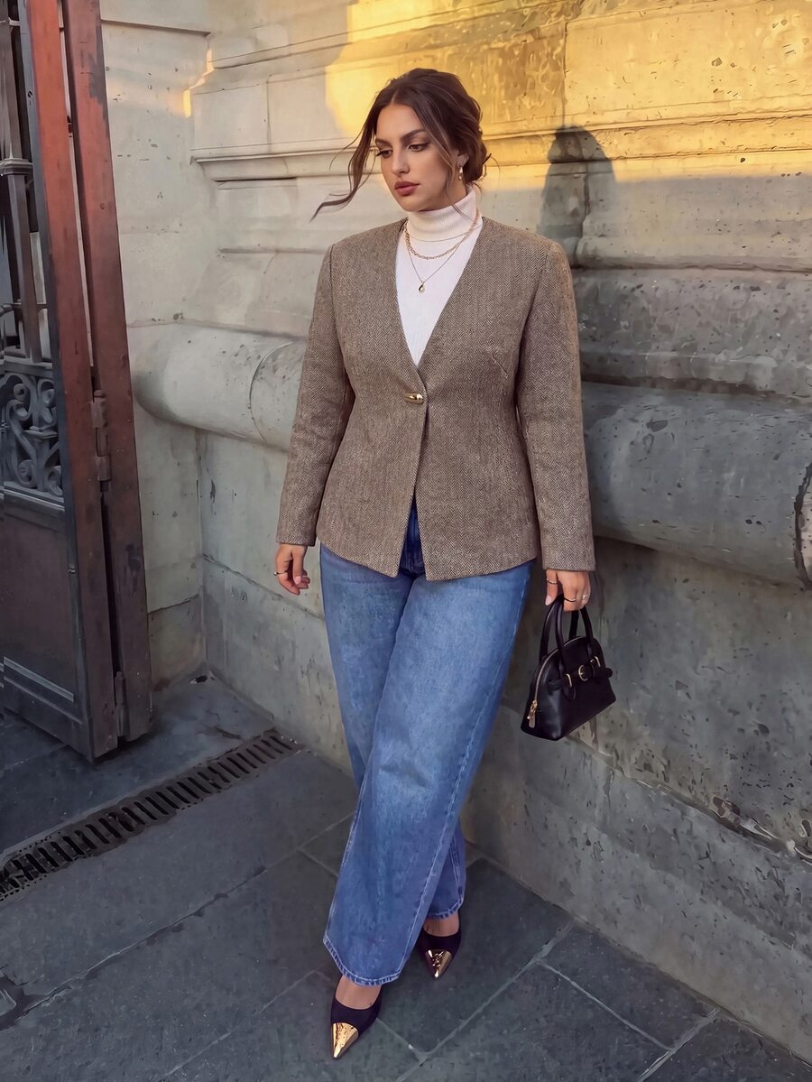 Firerie Plus Size Women Solid Color Casual Smart Versatile Daily Jacket Elegant Formal Suit Fall/Winter Office Working Work Gold