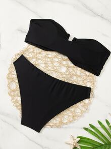 Swim Basics Women's Summer Beach Solid Color Pleated Strapless Sexy Bikini Set - Black - View 2