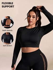 Easithlete Women's Plus-Size High-Quality Black Long-Sleeve Open-Back Cropped Sports Top – Yoga/Running – Suitable For Autumn/Winter Gym Workouts - Black - View 5