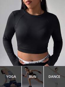 Easithlete Women's Plus-Size High-Quality Black Long-Sleeve Open-Back Cropped Sports Top – Yoga/Running – Suitable For Autumn/Winter Gym Workouts - Black - View 4