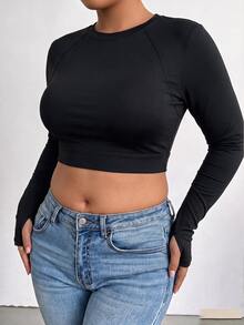 Easithlete Women's Plus-Size High-Quality Black Long-Sleeve Open-Back Cropped Sports Top – Yoga/Running – Suitable For Autumn/Winter Gym Workouts - Black - View 13