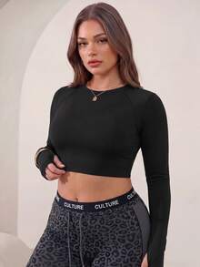Easithlete Women's Plus-Size High-Quality Black Long-Sleeve Open-Back Cropped Sports Top – Yoga/Running – Suitable For Autumn/Winter Gym Workouts - Black - View 12