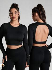 Easithlete Women's Plus-Size High-Quality Black Long-Sleeve Open-Back Cropped Sports Top – Yoga/Running – Suitable For Autumn/Winter Gym Workouts - Black - View 3