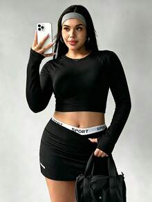Easithlete Women's Plus-Size High-Quality Black Long-Sleeve Open-Back Cropped Sports Top – Yoga/Running – Suitable For Autumn/Winter Gym Workouts - Black - View 11