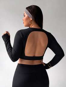 Easithlete Women's Plus-Size High-Quality Black Long-Sleeve Open-Back Cropped Sports Top – Yoga/Running – Suitable For Autumn/Winter Gym Workouts - Black - View 9