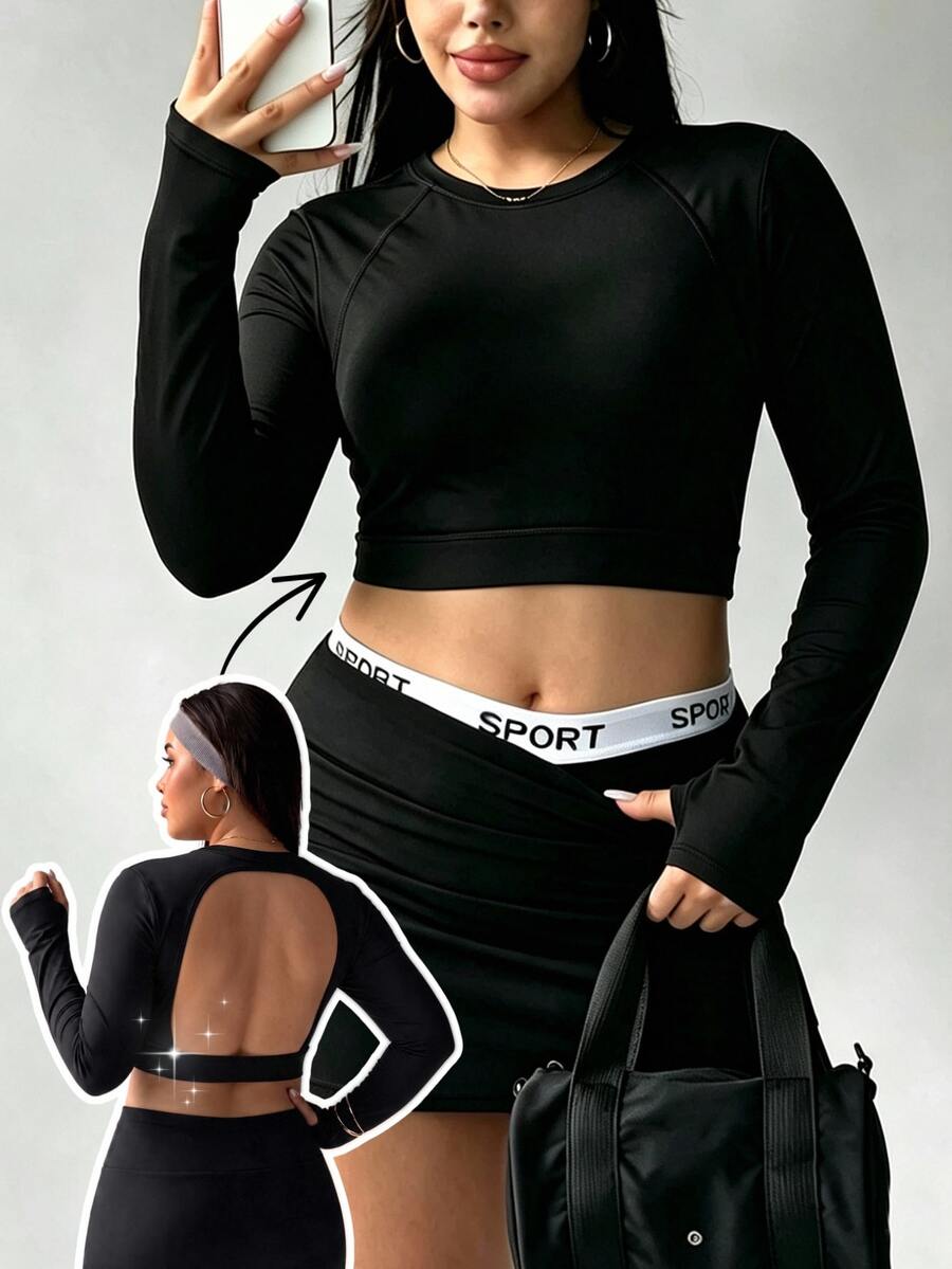 Easithlete Women's Plus-Size High-Quality Black Long-Sleeve Open-Back Cropped Sports Top – Yoga/Running – Suitable For Autumn/Winter Gym Workouts