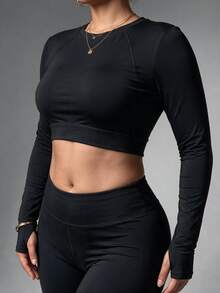 Easithlete Women's Plus-Size High-Quality Black Long-Sleeve Open-Back Cropped Sports Top – Yoga/Running – Suitable For Autumn/Winter Gym Workouts - Black - View 8