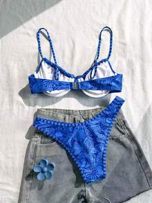 SHEIN Swim 女款性感熱帶細肩帶比基尼泳衣 2 件套 夏季海灘派對度假水藍色 - 紅色 - 查看 2