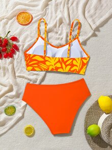 SHEIN Swim Women's Summer Beach Floral Print Spaghetti Strap Fashionable Bikini Swimwear Set - Burnt Orange - View 5