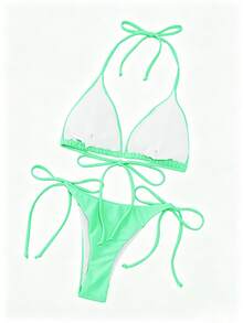 Oceva 女款純色性感繫帶比基尼兩件式泳衣套裝，海灘穿著派對綠色夏季款 - 薄荷綠 - 查看 6