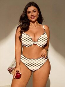 SHEIN Swim 大尺碼女款 2 件組隨機印花聚攏分體時尚性感沙灘泳衣套裝 - 黃色 - 查看 3