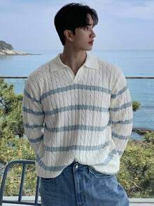 DAZY Atasan Rajut Lengan Panjang Pria Berkerah Polo Putih Bergaris Biru Musim Gugur/Dingin - Blue and White - View 7