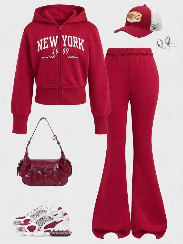 Tween Girl Kids Burgundy Sweatshirt Set 2pcs: Hooded Letter Print Zip-Up Jacket Paired With Loose Elastic Waist Casual Flare Sweatpants, Comfortable Daily Wear For Autumn Sports College Style - Burgundy - View 6