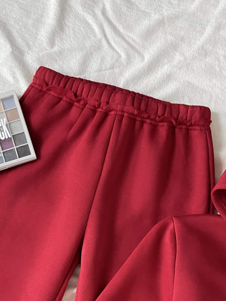 Tween Girl Kids Burgundy Sweatshirt Set 2pcs: Hooded Letter Print Zip-Up Jacket Paired With Loose Elastic Waist Casual Flare Sweatpants, Comfortable Daily Wear For Autumn Sports College Style - Burgundy - View 9
