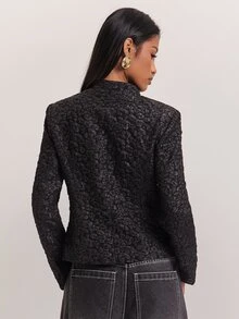 SHEIN BAE 女款黑色紋理雙排扣前拉鍊西裝外套，2026年秋季休閒街頭風長袖夾克，適合辦公室、週末、萬聖節派對穿搭 - 黑色 - 查看 2