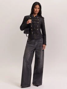 SHEIN BAE 女款黑色紋理雙排扣前拉鍊西裝外套，2026年秋季休閒街頭風長袖夾克，適合辦公室、週末、萬聖節派對穿搭 - 黑色 - 查看 4
