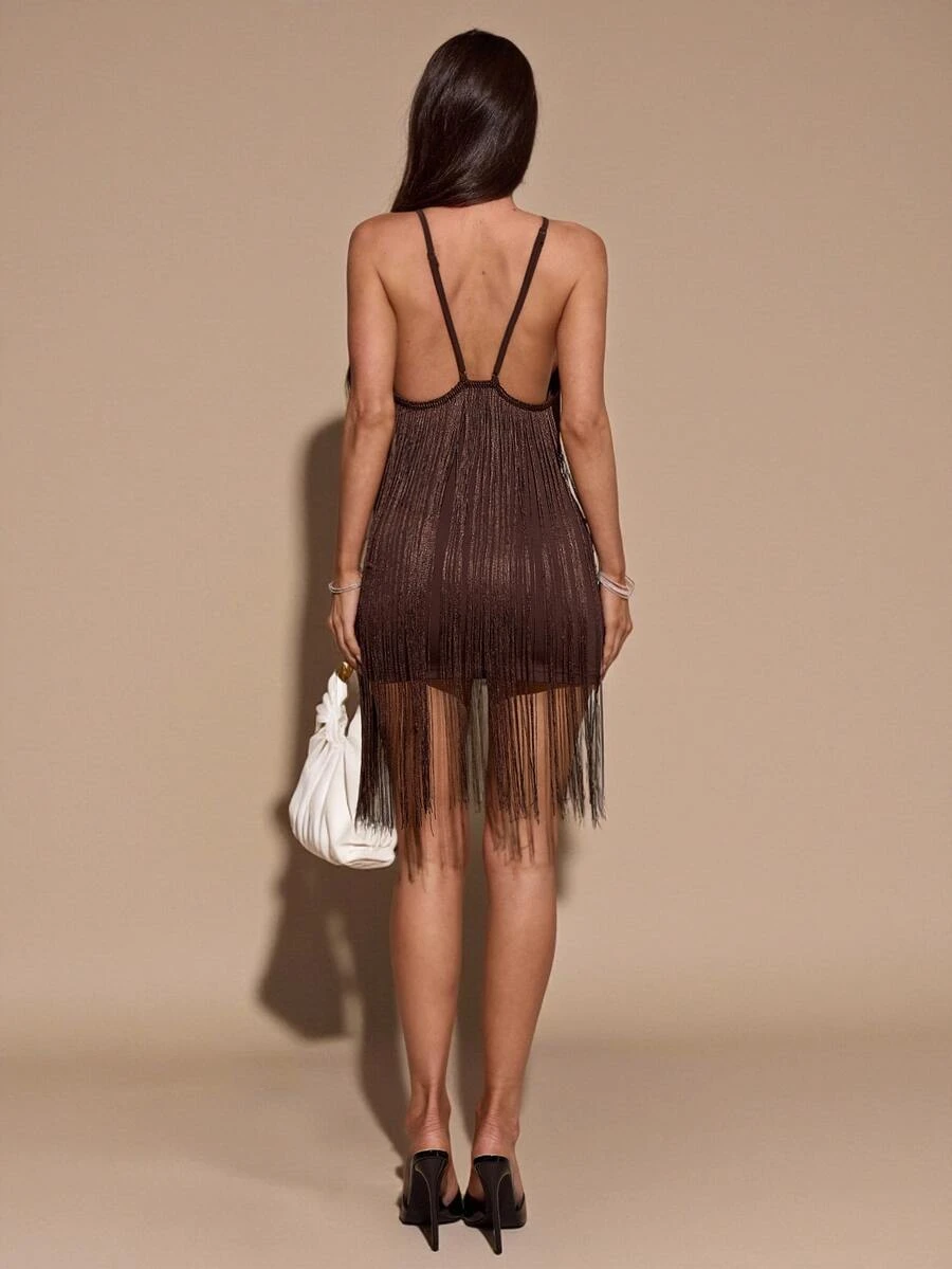 SHEIN BAE Brown Halter Backless Tassel Mini Dress, Suitable For Music Festivals, Parties, Carnivals, Outings, Fashion Styling - Brown - View 1