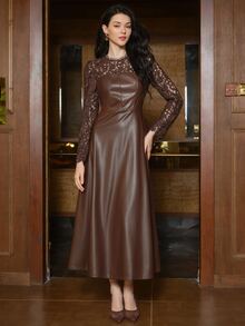 Anewsta Women's New Elegant, Light Luxury, Modern, And Unique Dress For Parties Halloween, And Christmas - Lace-Panelled Faux Leather Long-Sleeved Dress. - Coffee - View 4