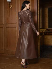 Anewsta Women's New Elegant, Light Luxury, Modern, And Unique Dress For Parties Halloween, And Christmas - Lace-Panelled Faux Leather Long-Sleeved Dress. - Coffee - View 5