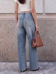 Anewsta Women's Wide Leg Jeans With Slanted Waist, Gradient Hot Stamping, Loose Floor Length, Mid Rise Pants - Blue - View 5