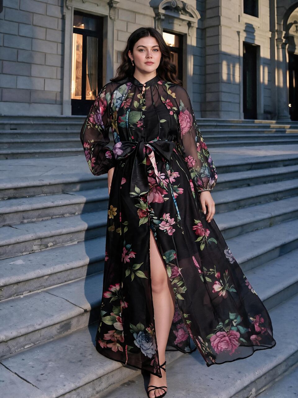 Anewsta Elegant Plus Size Floral Print Maxi Smock Dress With Stand Collar Long Bishop Sleeves