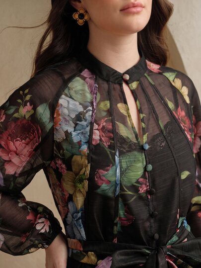 Anewsta Elegante, Vacaciones, Noche de Cita, Vestido Elegante con Estampado Floral y Mangas de Linterna para Mujer Talla Grande