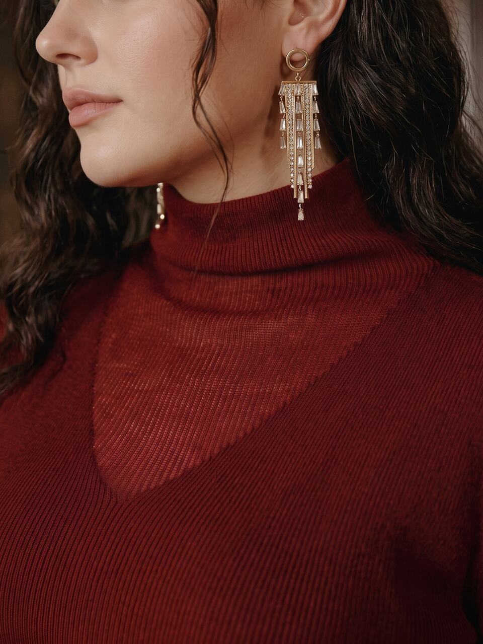 Plus Size Elegant Autumn/Winter V-Neck Solid Color Knit Semi-Sheer Fitted Mock Neck Pullover Sweater, Autumn, Autumn Season, Winter, Going Out, Elegant, Leisure, Formal