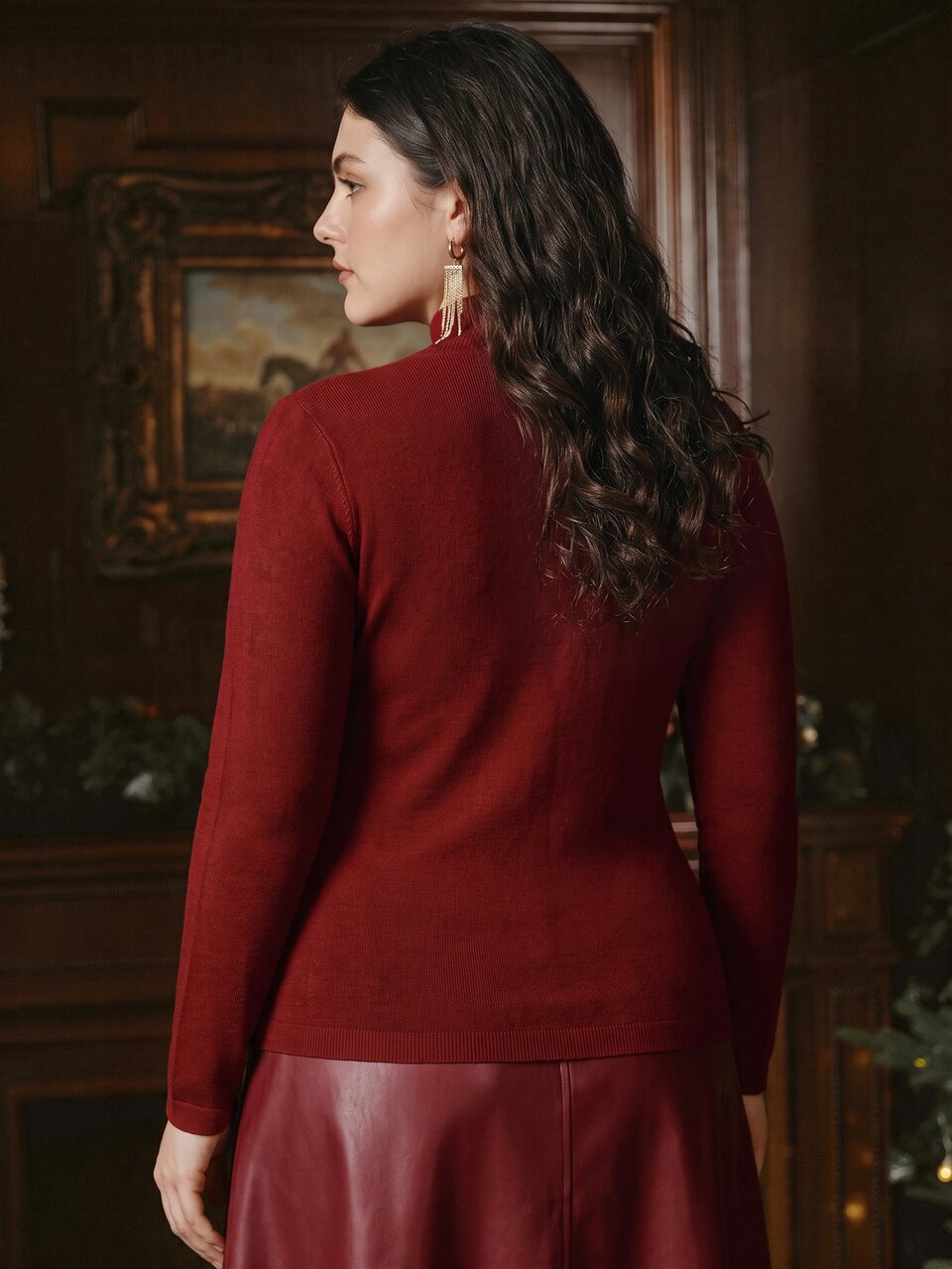 Plus Size Elegant Autumn/Winter V-Neck Solid Color Knit Semi-Sheer Fitted Mock Neck Pullover Sweater, Autumn, Autumn Season, Winter, Going Out, Elegant, Leisure, Formal