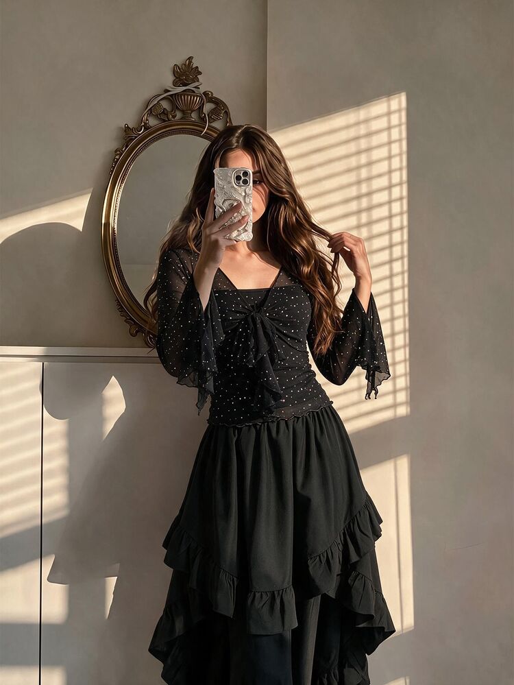 SHEIN MOD Stylish Black Sparkly Mesh Top For Women Featuring A Flattering Tie Front And Chic Bell Sleeves Perfect For Evenings,Gothic Tops Women,Halloween Shirt - Black - View 2