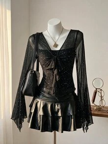SHEIN MOD 時尚黑色閃亮網紗上衣女款，修身繫帶前襟與優雅喇叭袖設計，適合夜晚穿著，哥德風上衣，萬聖節襯衫 - 黑色 - 查看 4
